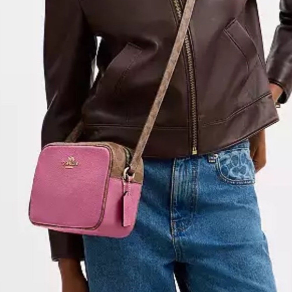 Coach Jamie Pink Tan Leather Crossbody Camera Bag CBM24 Signature Trim Print - Picture 15 of 16
